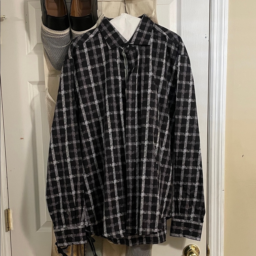 Bugatchi Black and Gray Checked Button-Up Shirt NWT XL